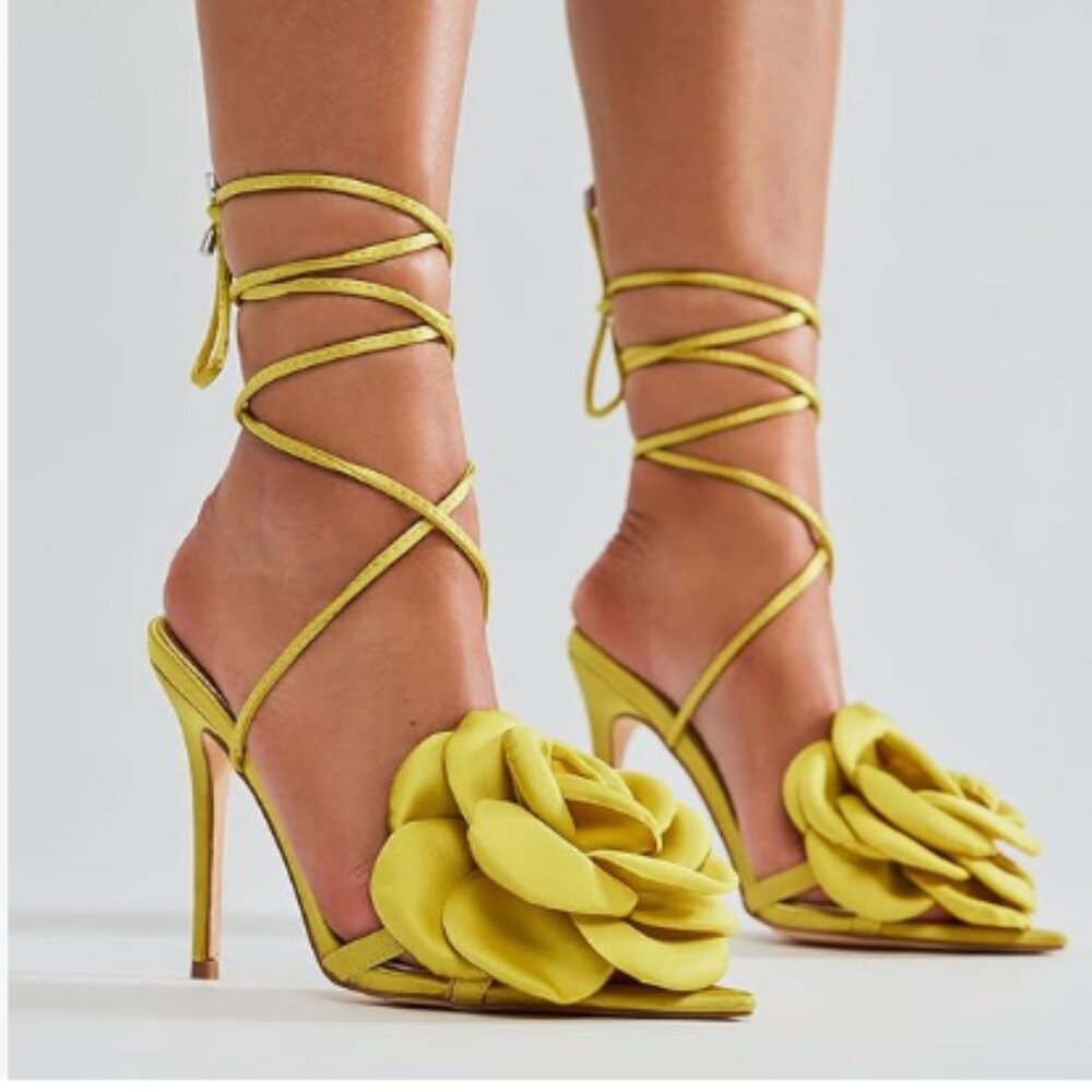 Yellow Open Toe Flower Decor Sandals Tie up Ankle Strap Stiletto High Heels Shoe